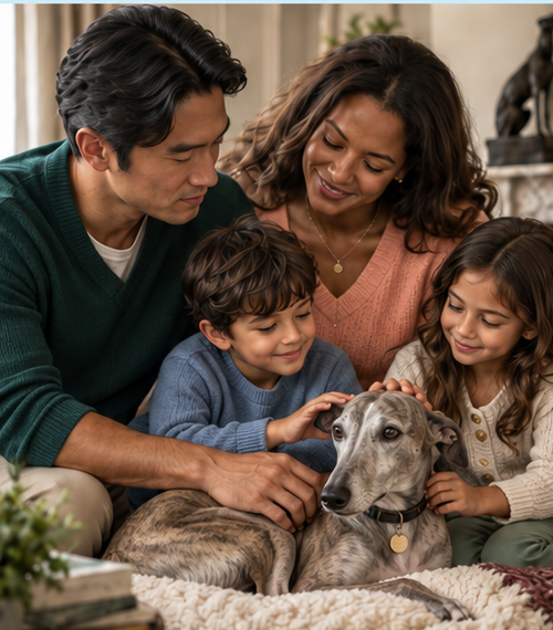A family at home gathered warmly around their resting dog