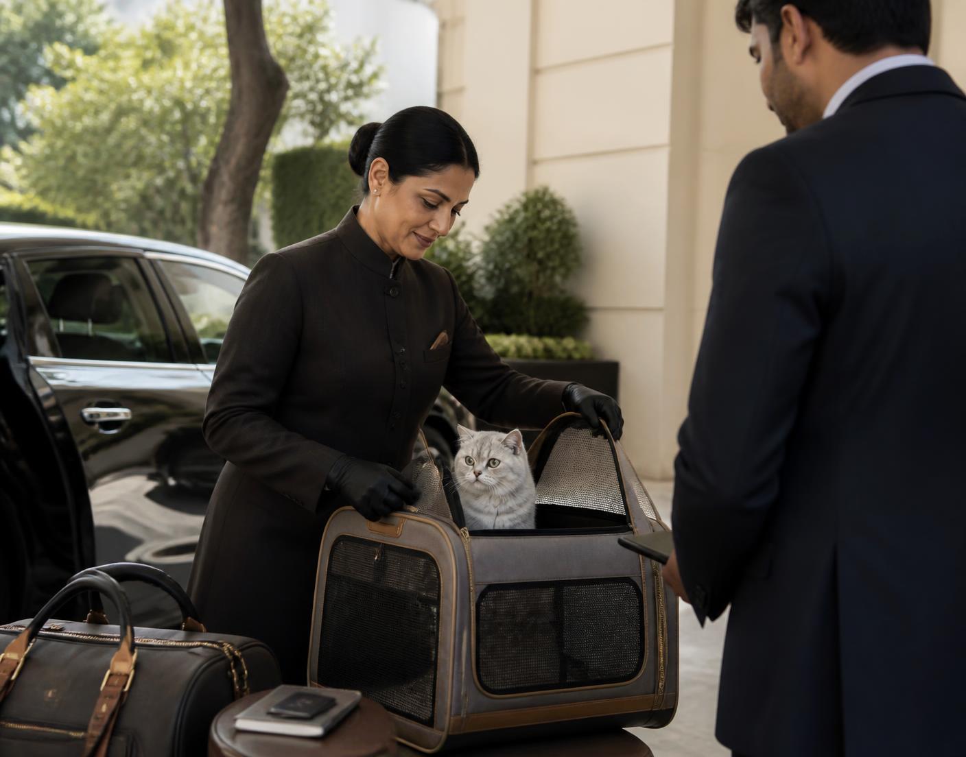 Concierge preparing a cat for private ground transportation